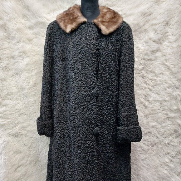 Vintage Malesi Furs Women's Black Luxury Curly Lamb Fur Coat Brown Mink Collar L - Picture 1 of 15